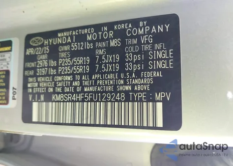 2015 Hyundai Santa Fe Limited from USA, damaged, VIN KM8SR4HF5FU129248